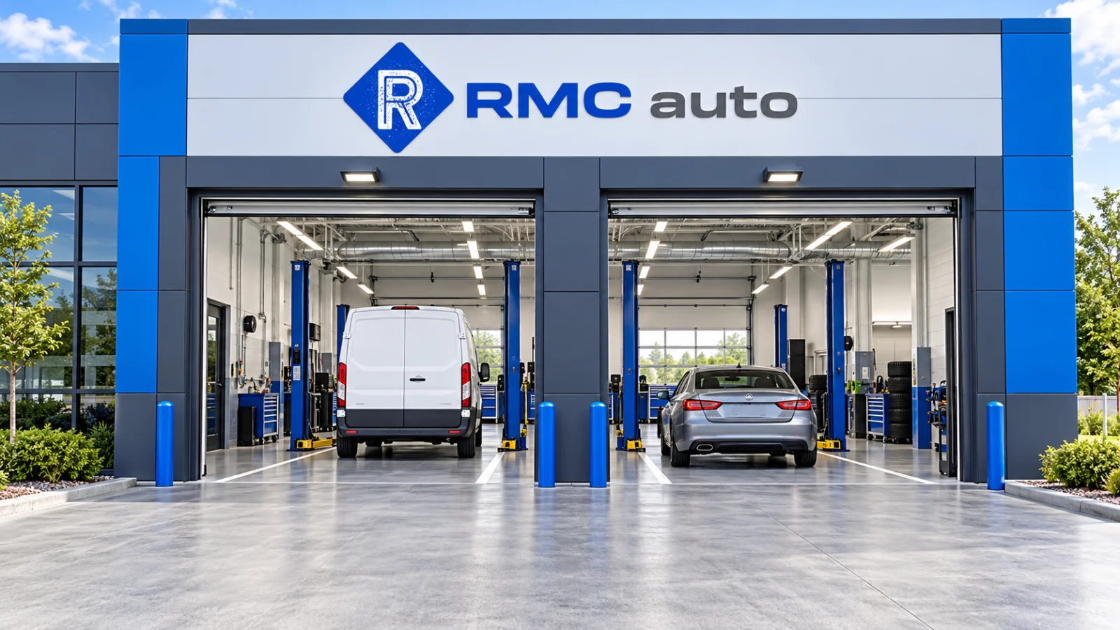 Fachada de RMC Auto con dos accesos al taller, una furgoneta y un turismo sobre sus elevadores