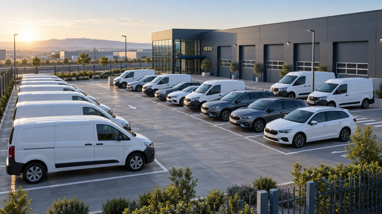 Aparcamiento de RMC Auto con furgonetas y turismos al atardecer