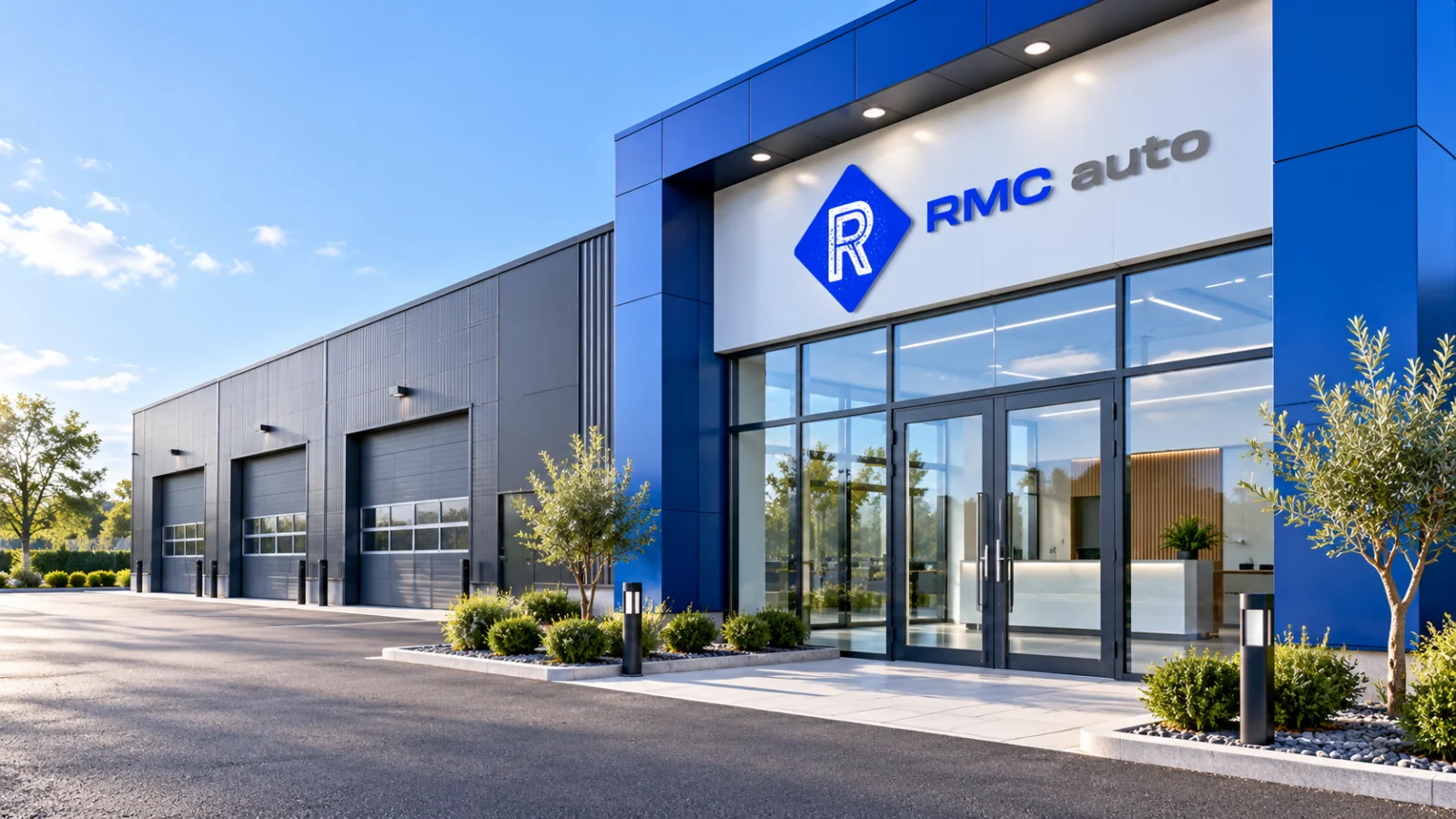 Fachada azul y blanca de RMC Auto con acceso de clientes