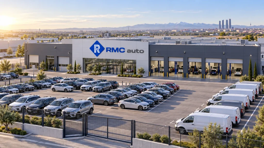 Vista aérea de las instalaciones de RMC Auto con aparcamiento de vehículos